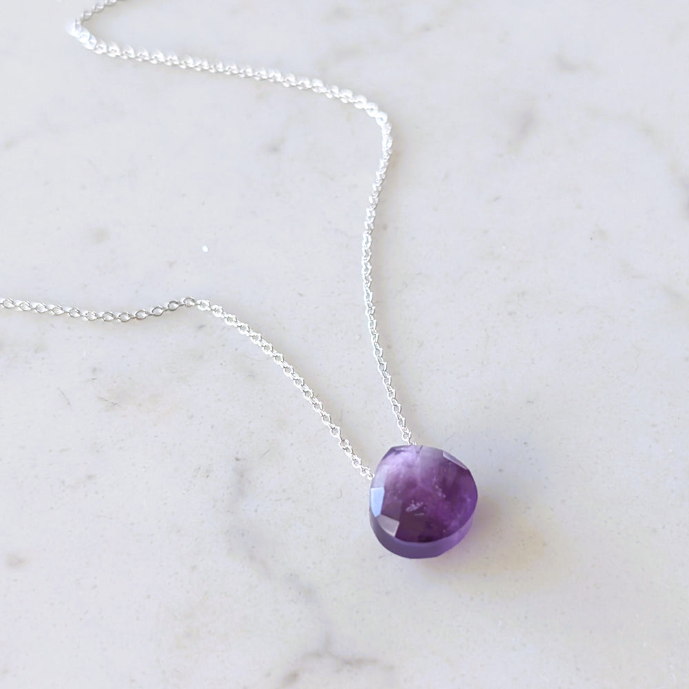 silver amethyst February birthstone teardrop pendant necklace