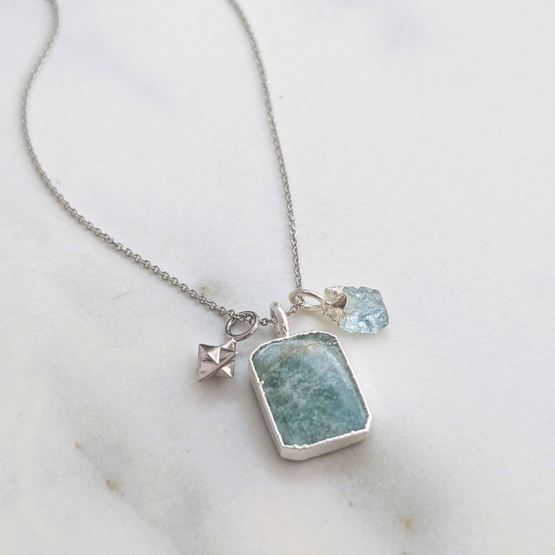 silver amazonite, aquamarine and tetrahedron star charm pendant necklace