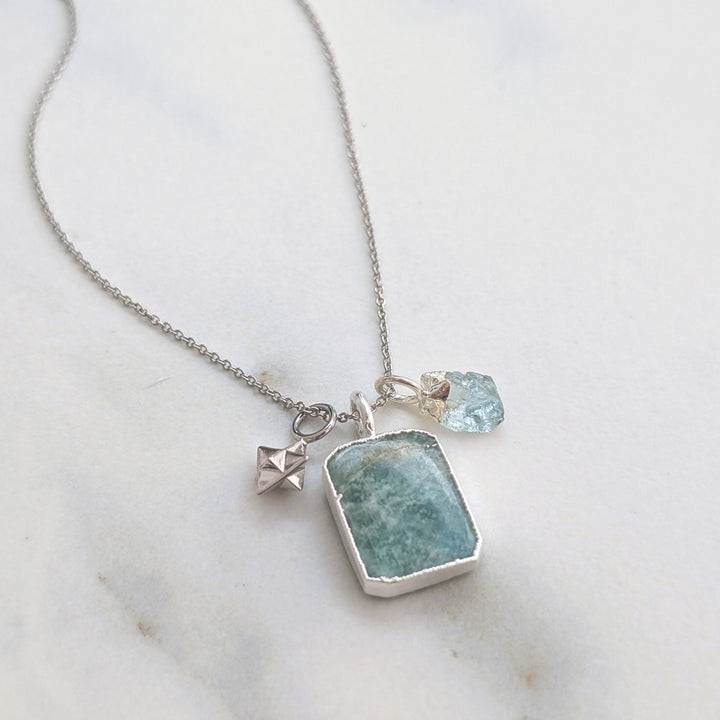 silver amazonite, aquamarine and tetrahedron star charm pendant necklace