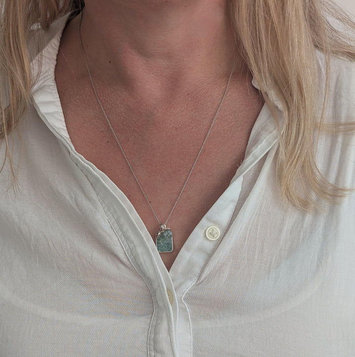 silver amazonite, aquamarine and tetrahedron star charm pendant necklace