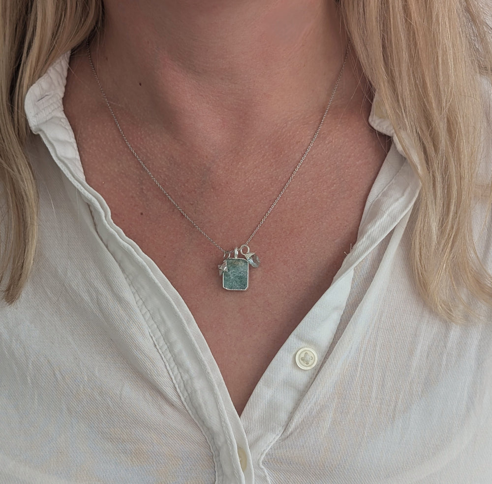 silver amazonite, aquamarine and tetrahedron star charm pendant necklace