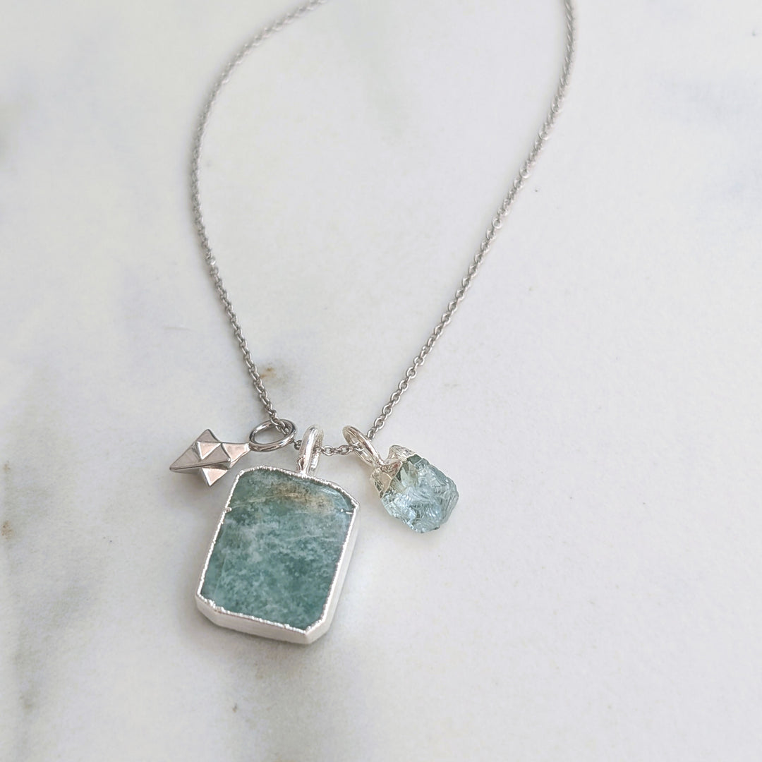 silver amazonite, aquamarine and tetrahedron star charm pendant necklace