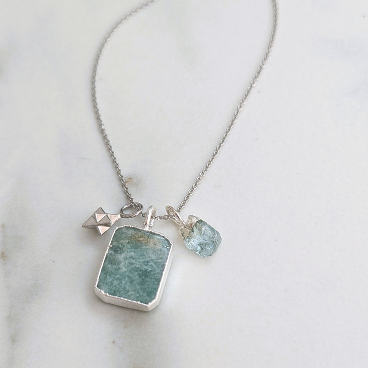 silver amazonite, aquamarine and tetrahedron star charm pendant necklace