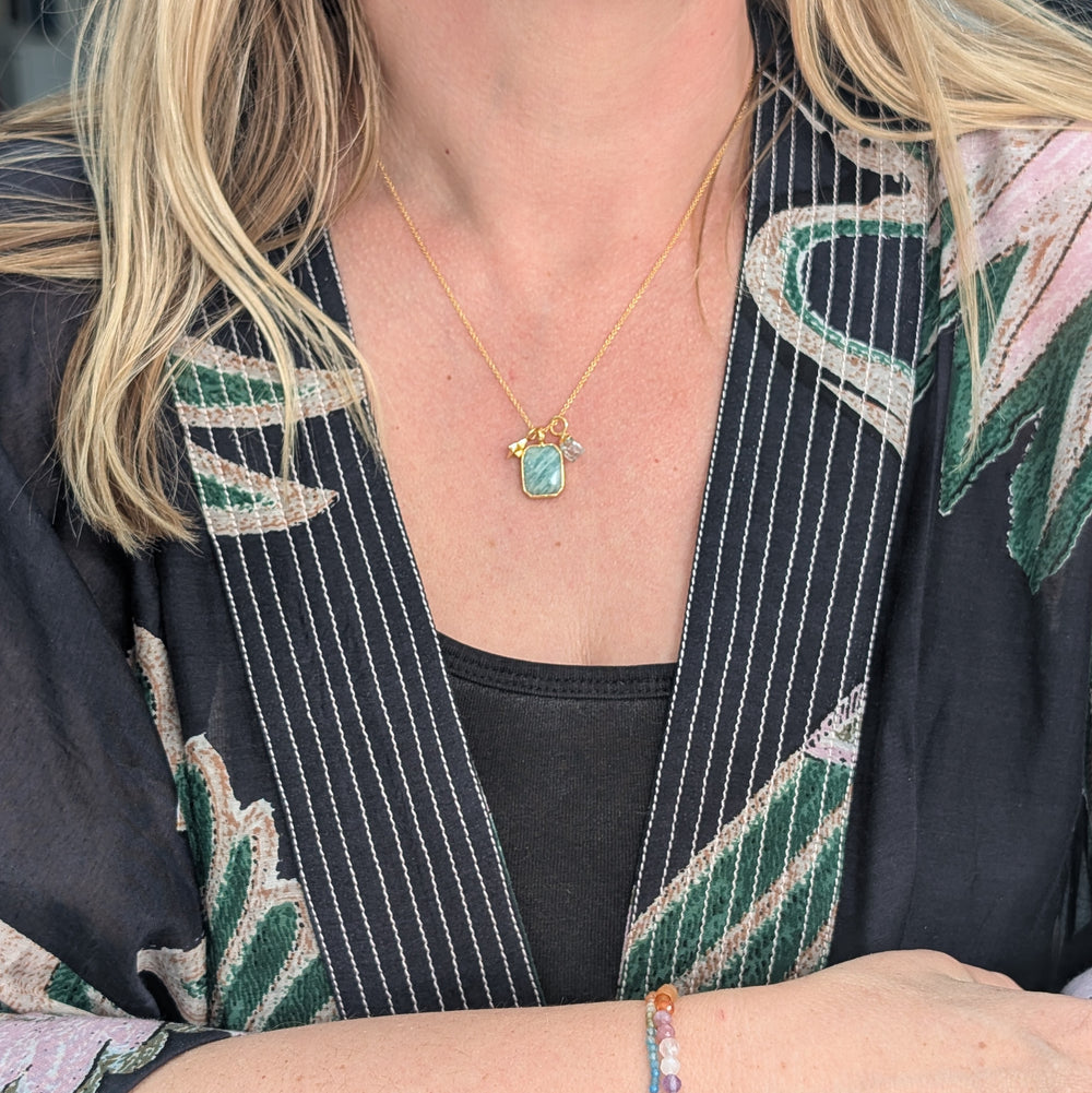 amazonite, aquamarine and tetrahedron charm pendant necklace