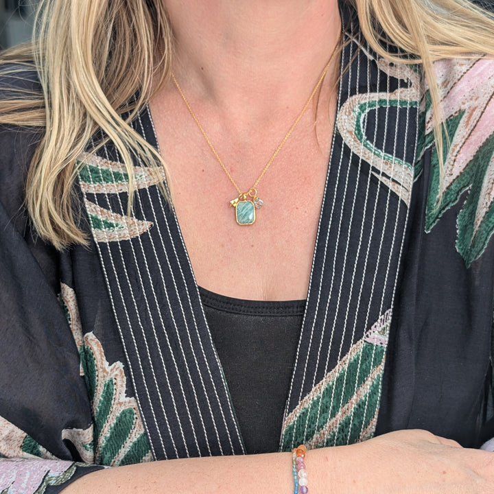 amazonite, aquamarine and tetrahedron charm pendant necklace