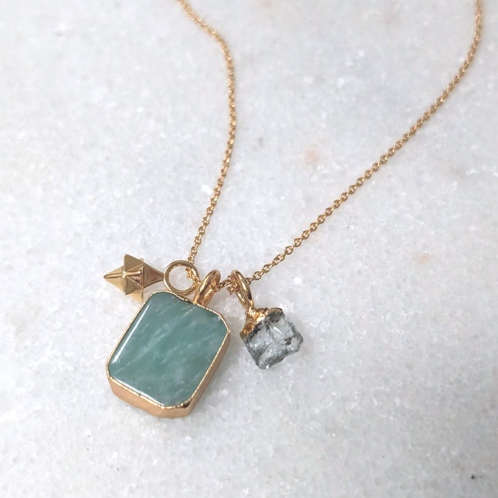 The Trio Amazonite, Aquamarine and Charm Necklace