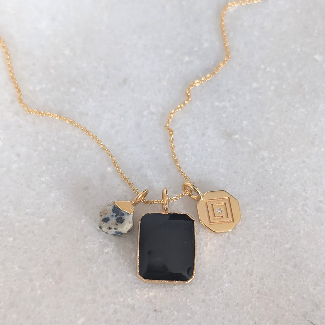 black onyx, dalmatian jasper and tetrahedron charm necklace 