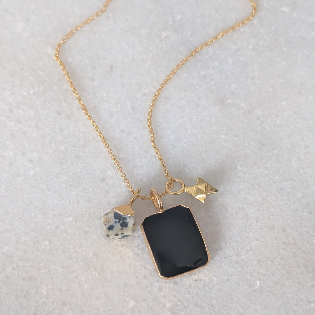 black onyx, dalmatian jasper and tetrahedron charm necklace 