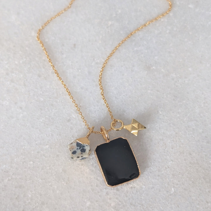 black onyx, dalmatian jasper and tetrahedron charm necklace 
