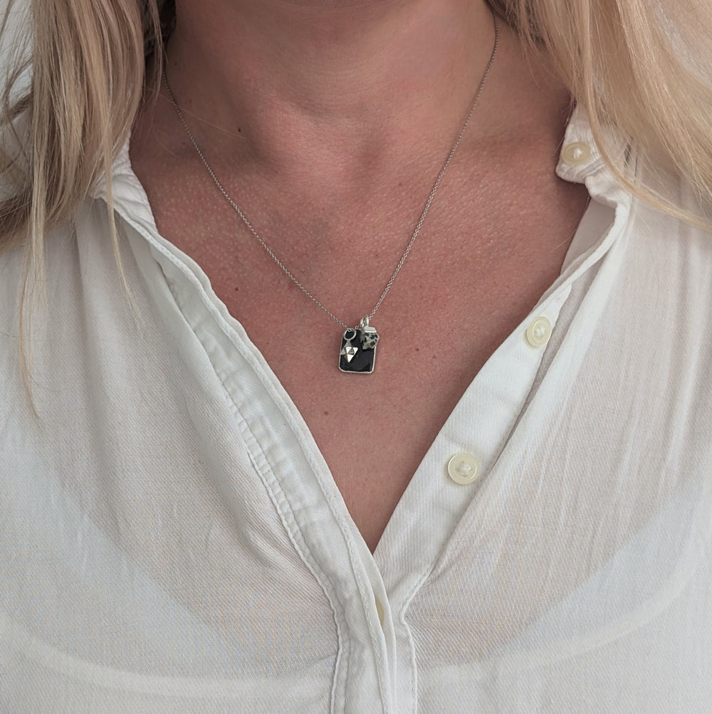 silver black onyx, dalmatian jasper and charm gemstone necklace