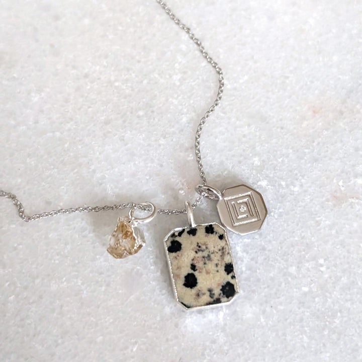 Sterling Silver Dalmatian jasper, citrine and silver disc pendant charm necklace