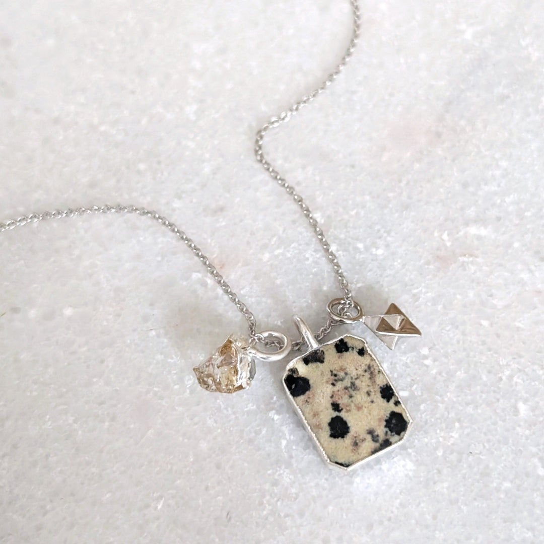 Sterling Silver Dalmatian jasper, citrine and silver disc pendant charm necklace