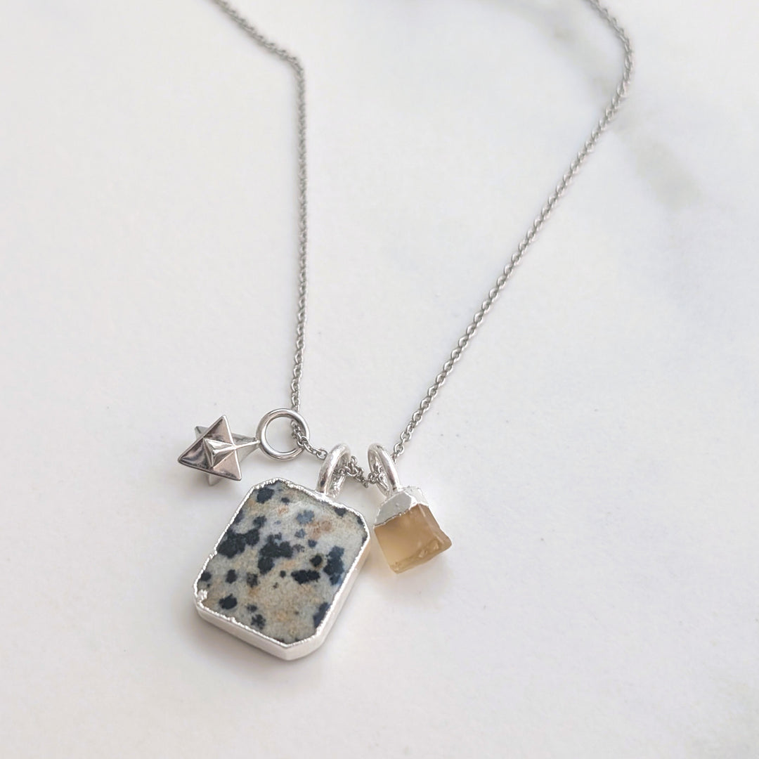 sterling silver dalmatian jasper, citrine and star charm pendant necklace 