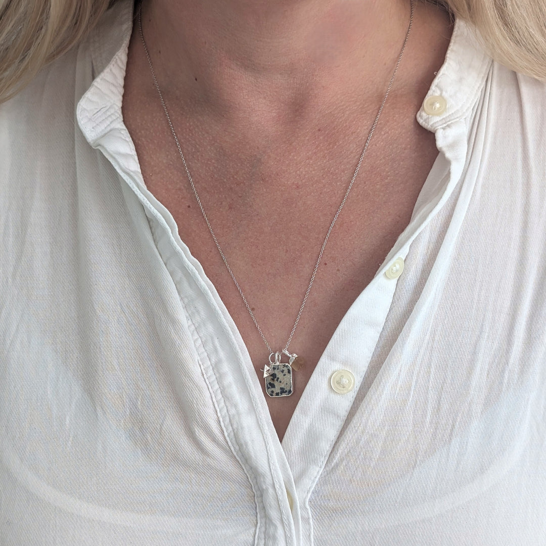 sterling silver dalmatian jasper, citrine and star charm pendant necklace 