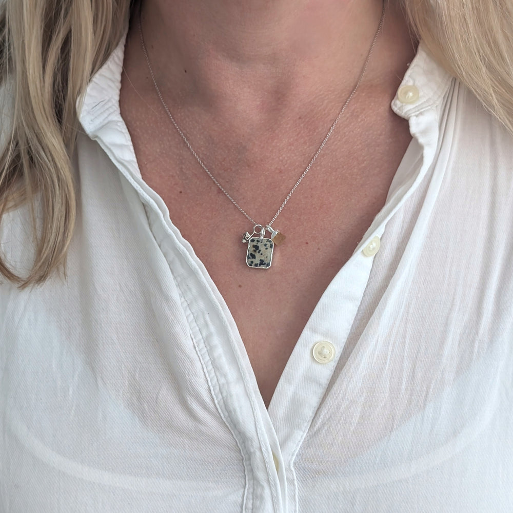 sterling silver dalmatian jasper, citrine and star charm pendant necklace 