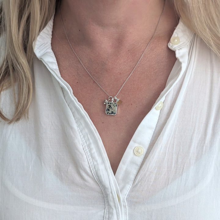sterling silver dalmatian jasper, citrine and star charm pendant necklace 