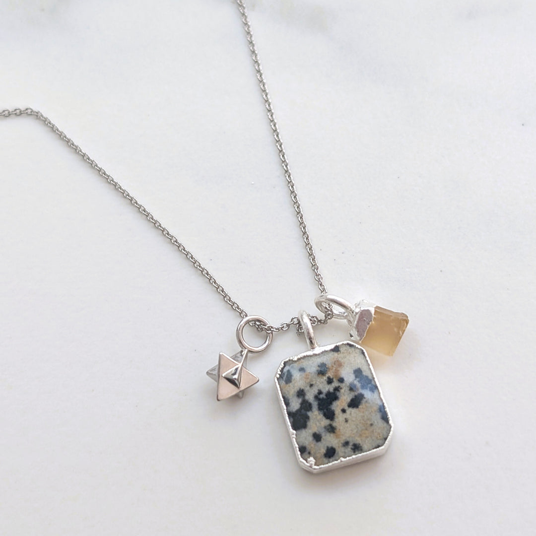 sterling silver dalmatian jasper, citrine and star charm pendant necklace 