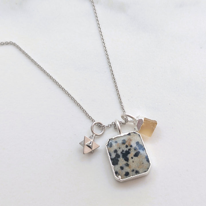 sterling silver dalmatian jasper, citrine and star charm pendant necklace 