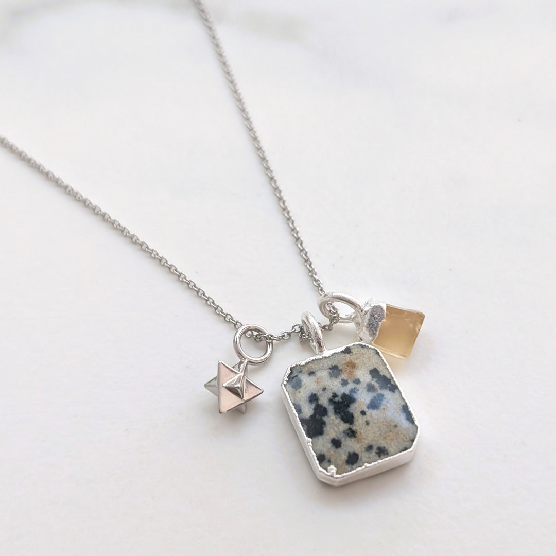 sterling silver dalmatian jasper, citrine and star charm pendant necklace 