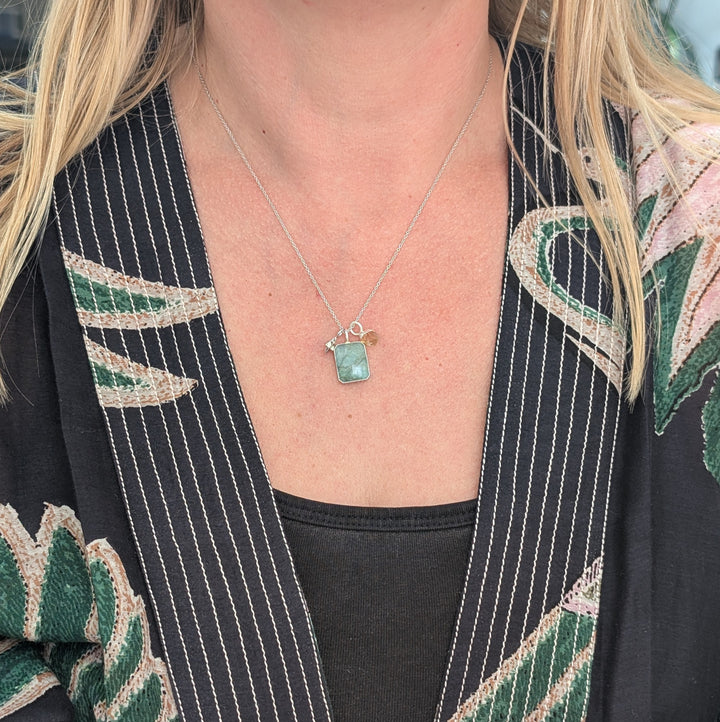 sterling silver emerald, citrine and charm necklace 