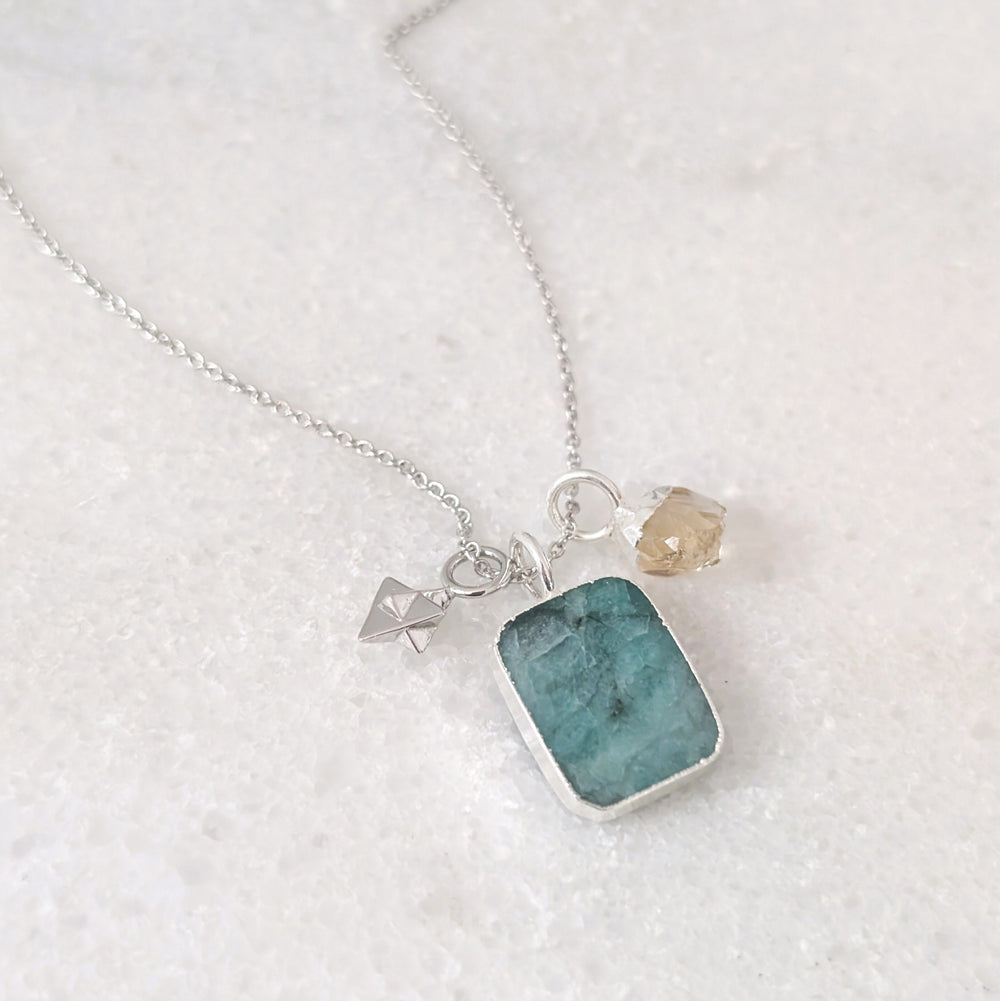 sterling silver emerald, citrine and charm necklace 