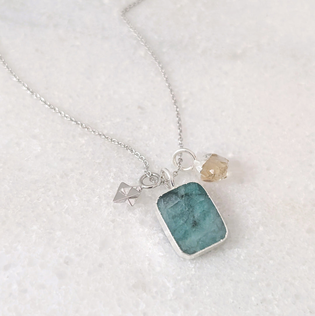 sterling silver emerald, citrine and charm necklace 