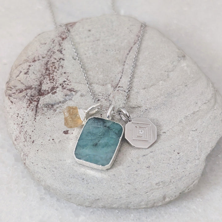 sterling silver emerald, citrine and charm necklace 