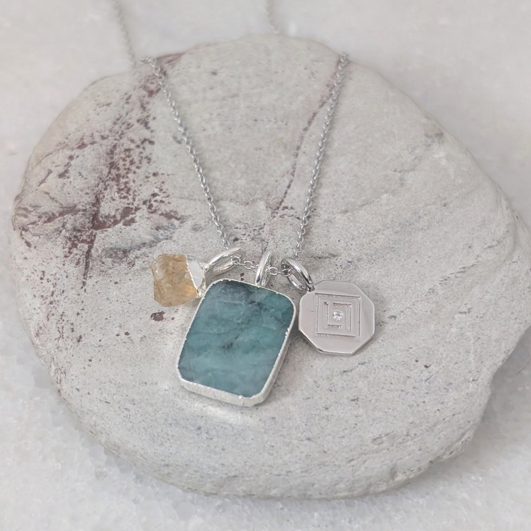 sterling silver emerald, citrine and charm necklace 