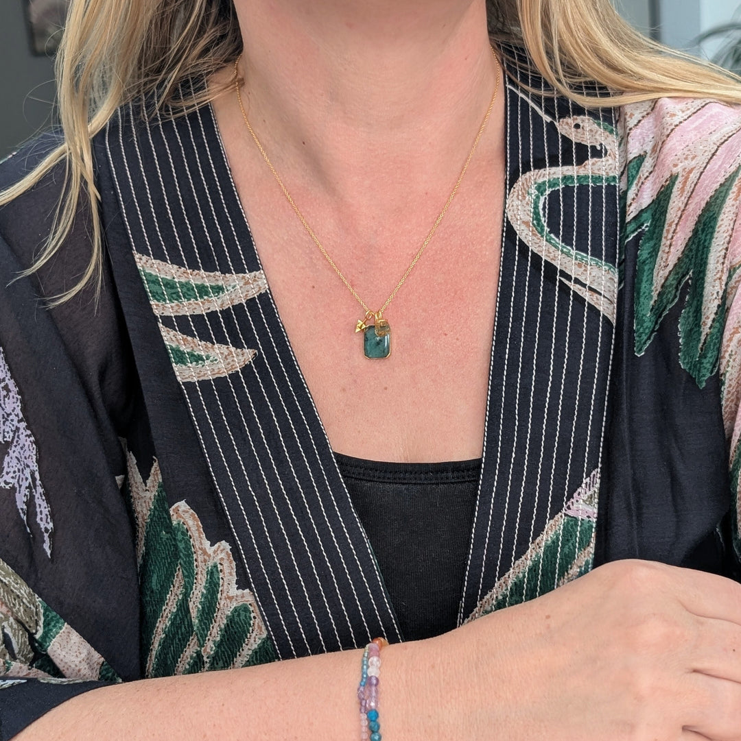 gold emerald, citrine and charm pendant necklace 