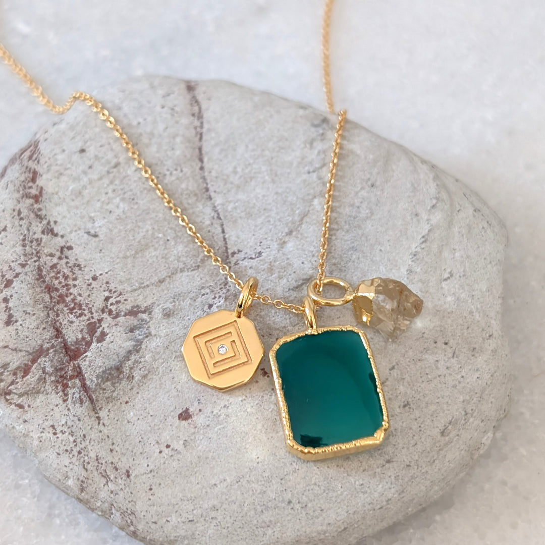 gold green onyx, citrine and charm pendant necklace