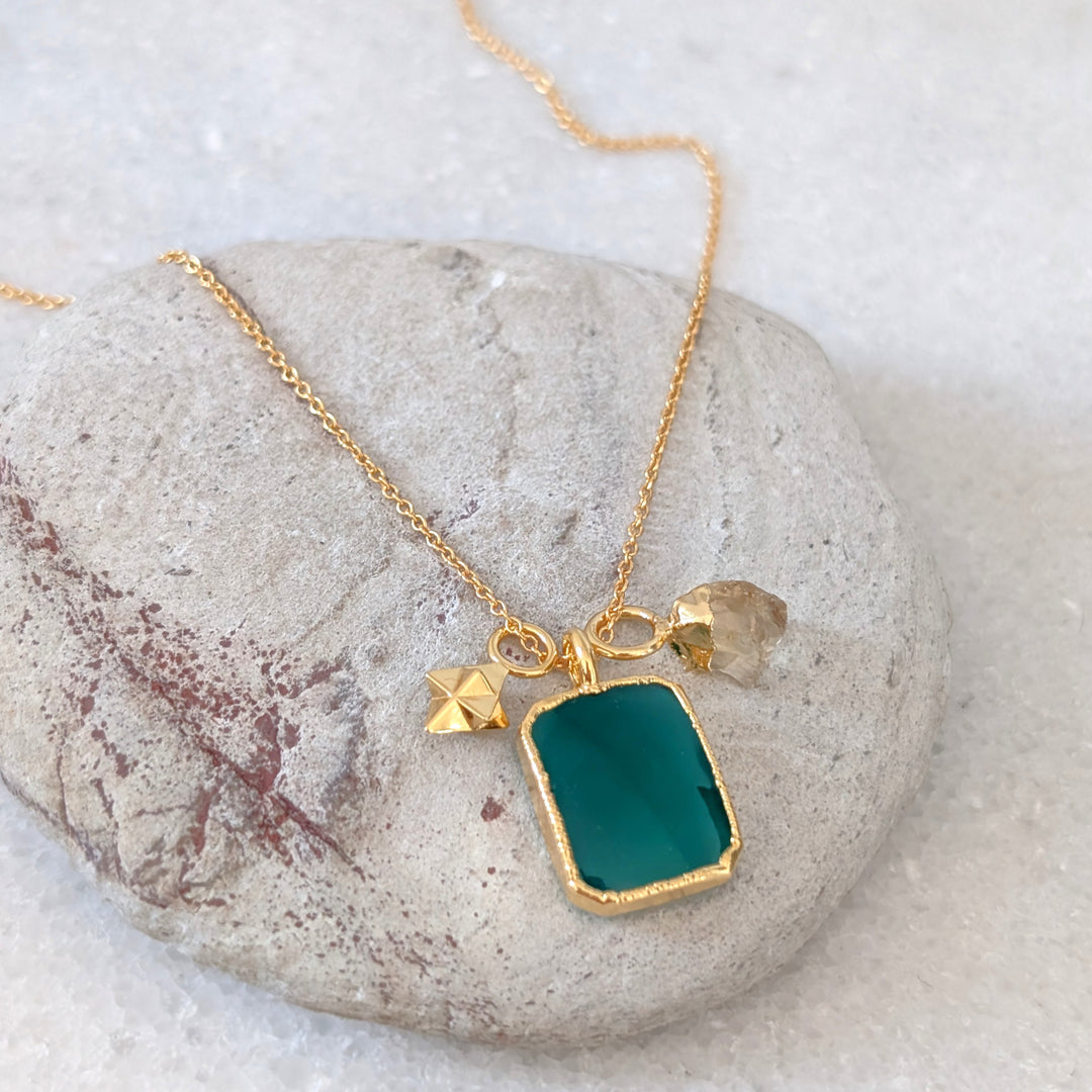 gold green onyx, citrine and charm pendant necklace