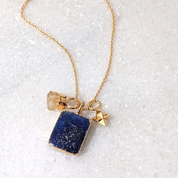 lapis lazuli, citrine and tetrahedron star charm pendant necklace 