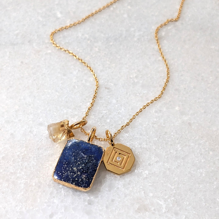 lapis lazuli, citrine and tetrahedron star charm pendant necklace 