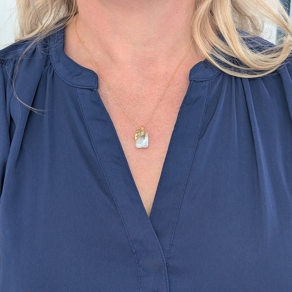 gold plated moonstone, citrine and tetrahedron star charm pendant charm necklace 