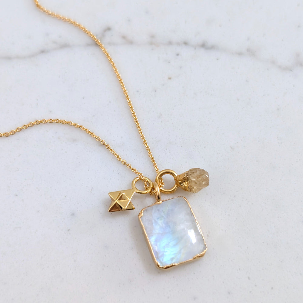 gold plated moonstone, citrine and tetrahedron star charm pendant charm necklace 