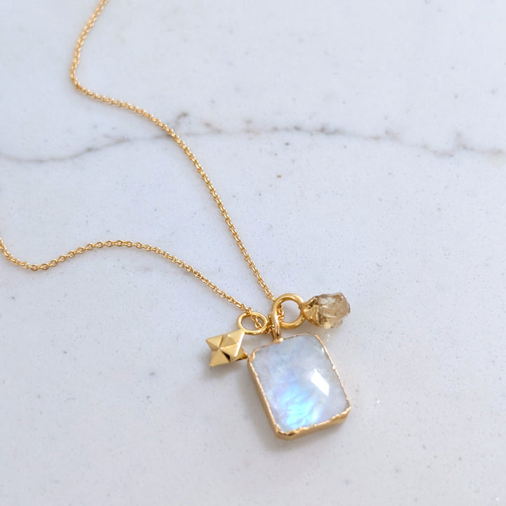 gold plated moonstone, citrine and tetrahedron star charm pendant charm necklace 