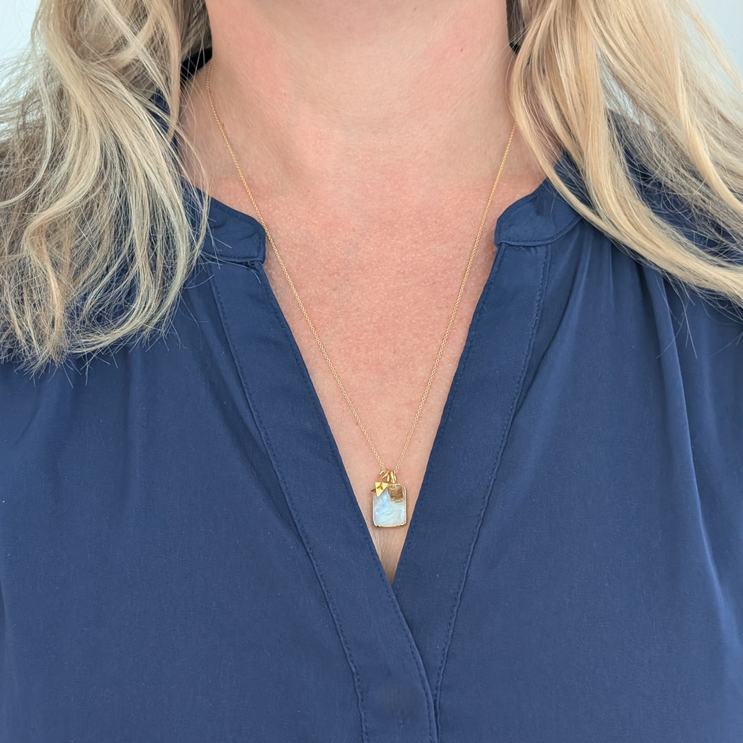 gold plated moonstone, citrine and tetrahedron star charm pendant charm necklace 