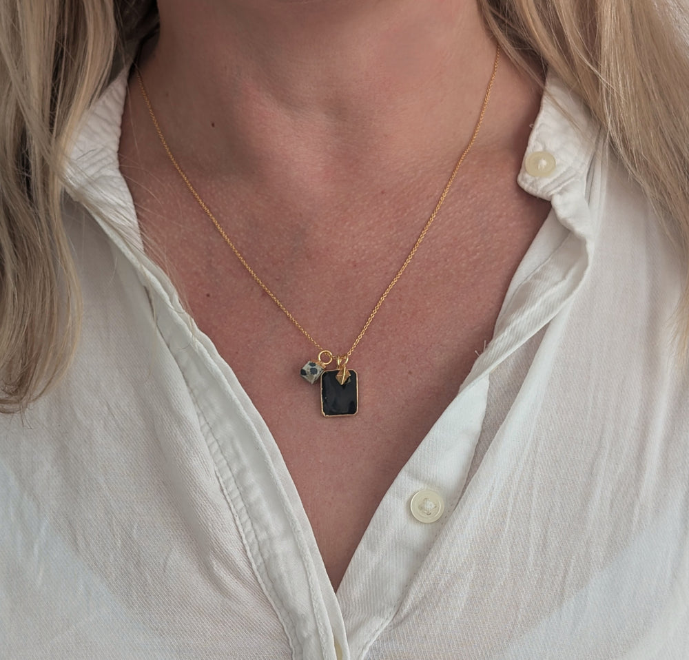 black onyx, dalmatian jasper and tetrahedron star pendant charm necklace