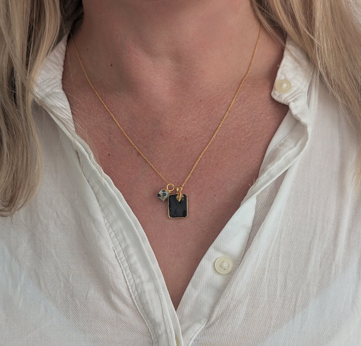 black onyx, dalmatian jasper and tetrahedron star pendant charm necklace