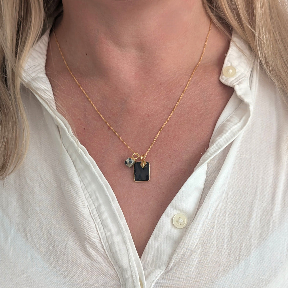 black onyx, dalmatian jasper and tetrahedron charm necklace 