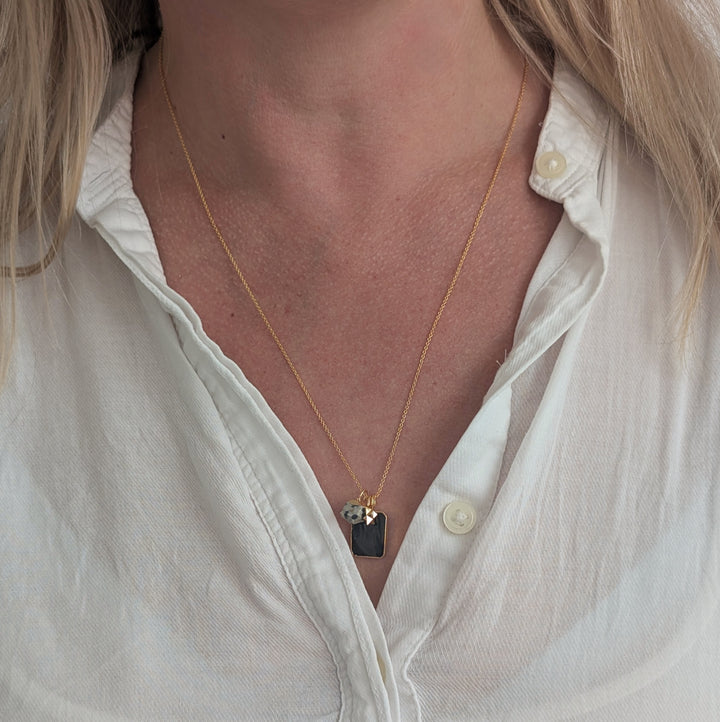black onyx, dalmatian jasper and tetrahedron star pendant charm necklace