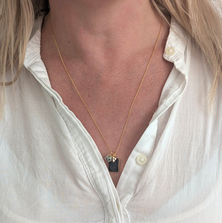 black onyx, dalmatian jasper and tetrahedron charm necklace 