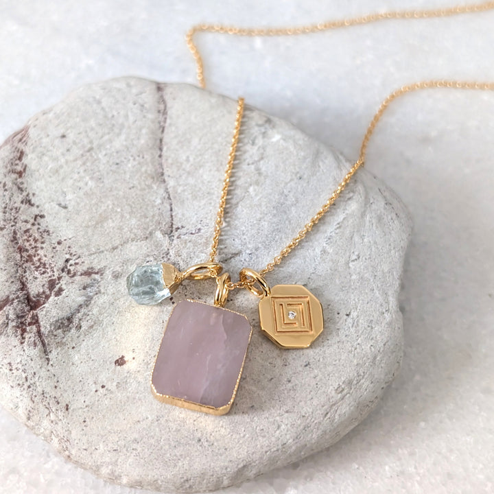 rose quartz, aquamarine and disc charm pendant necklace 