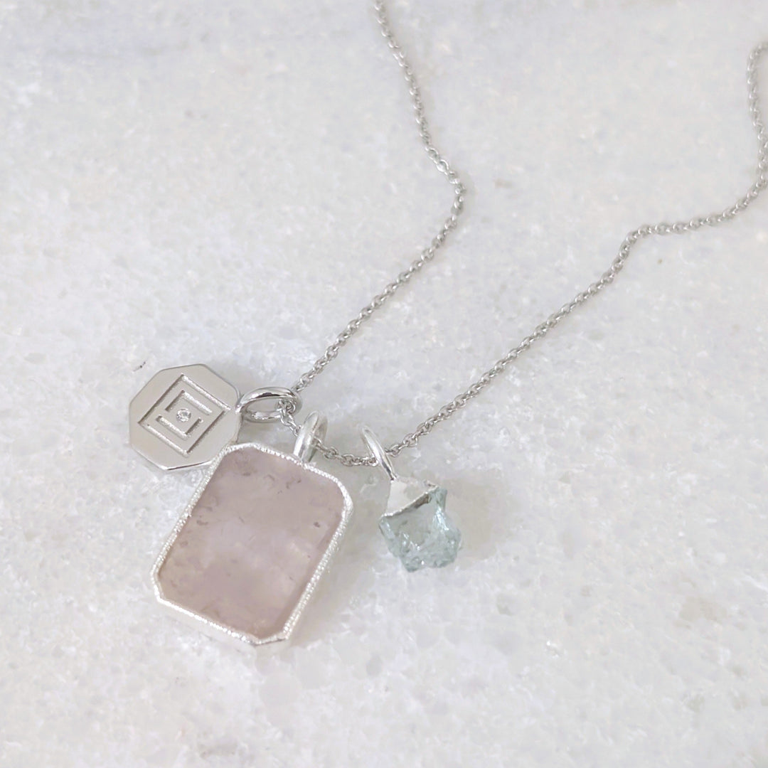 sterling silver necklace with rose quartz rectangular pendant, aquamarine tumblestone and charm 