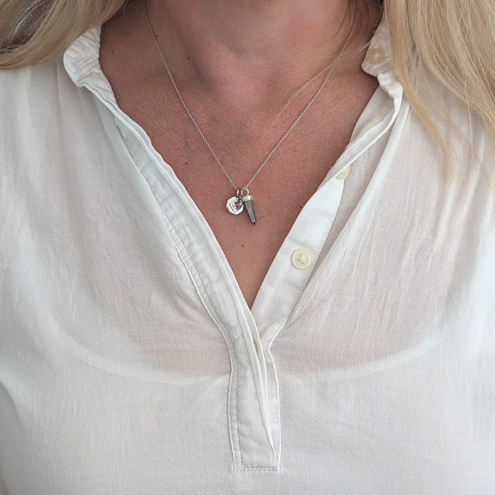 sterling silver necklace with pyrite, tetrahedron star and disc pendant charms
