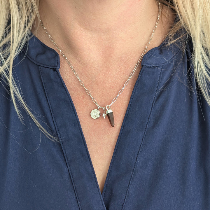 sterling silver smokey quartz, tetrahedron star and disc charm pendant necklace