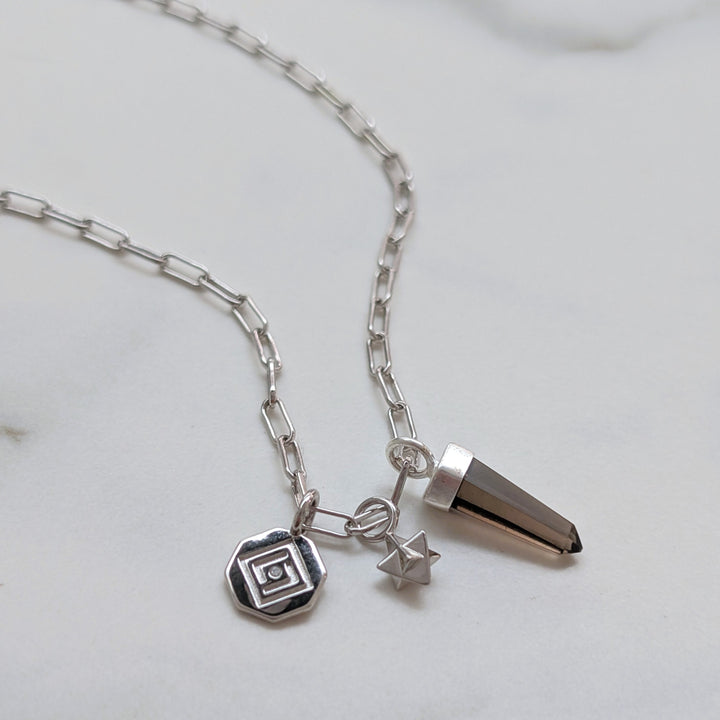 sterling silver smokey quartz, tetrahedron star and disc charm pendant necklace