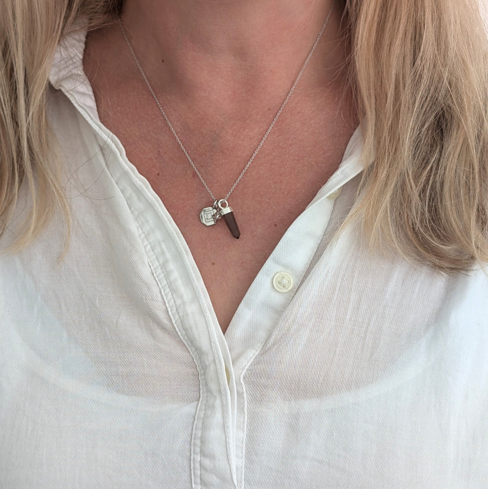 sterling silver smokey quartz, tetrahedron star and disc charm pendant necklace