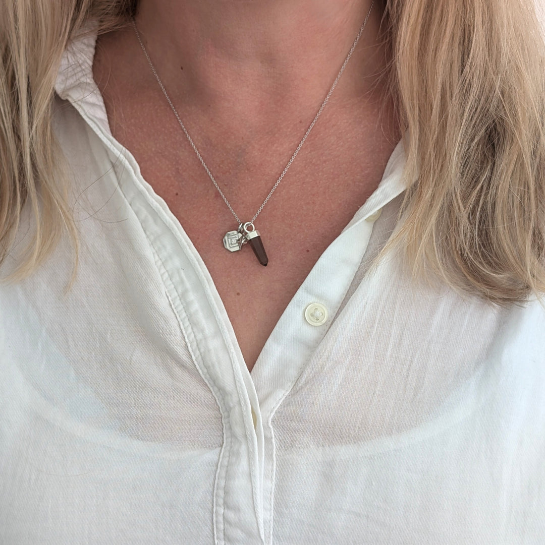 sterling silver smokey quartz, tetrahedron star and disc charm pendant necklace