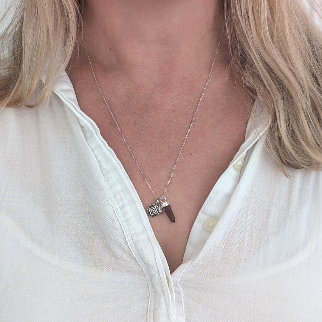 sterling silver smokey quartz, tetrahedron star and disc charm pendant necklace